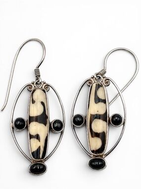 Sajen 925 Sterling Silver Onyx Oval Dangle Earrings Vintage Boho Statement Hook